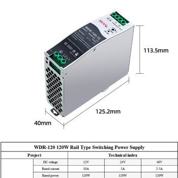 WDR-120-24 Industrial DIN Rail Power Supply (24V 5A 120W, 200-500VAC Wide Input)