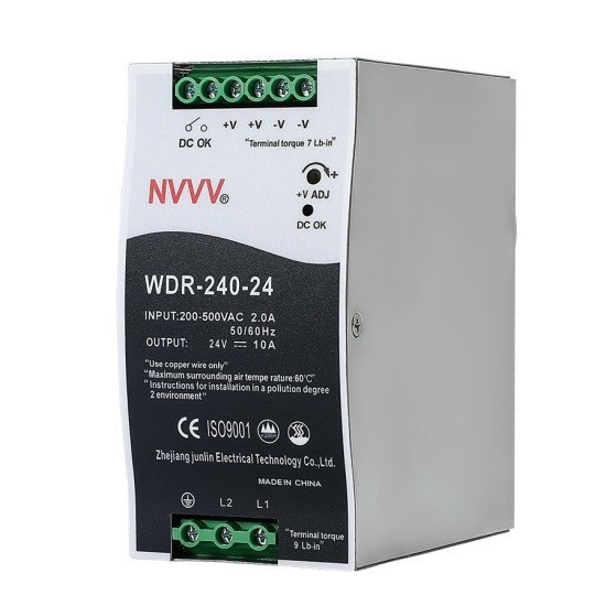WDR-240-24 Industrial DIN Rail Switching Power Supply (24V 10A 240W, Ultra-Wide 180-550VAC Input)