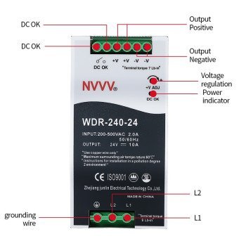 WDR-240-24 Industrial DIN Rail Switching Power Supply (24V 10A 240W, Ultra-Wide 180-550VAC Input)