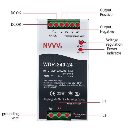 WDR-240-24 Industrial DIN Rail Switching Power Supply (24V 10A 240W, Ultra-Wide 180-550VAC Input)