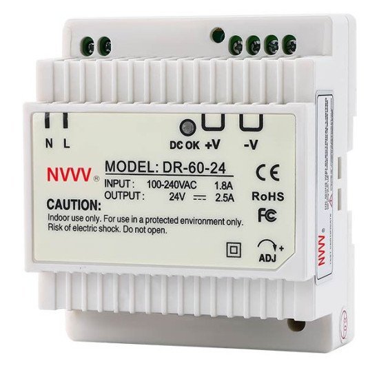 DR 30W 45W 60W Din Rail Switching Power Supply Features. The output voltage regulator can be continuously adjusted from 0V to 10%. Output short circuit, Overcurrent and overvoltage protection: whole machine overheating protection. Intelligent temperature-