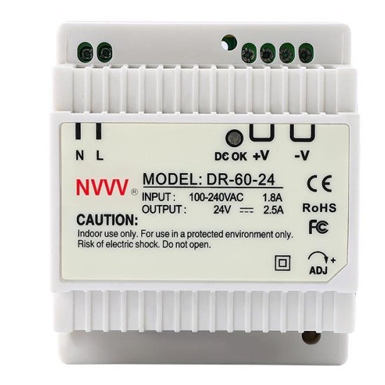DR 30W 45W 60W Din Rail Switching Power Supply Features. The output voltage regulator can be continuously adjusted from 0V to 10%. Output short circuit, Overcurrent and overvoltage protection: whole machine overheating protection. Intelligent temperature-