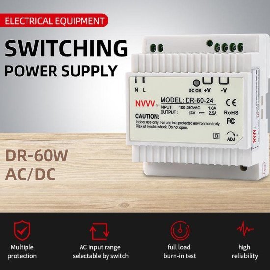 DR 30W 45W 60W Din Rail Switching Power Supply Features. The output voltage regulator can be continuously adjusted from 0V to 10%. Output short circuit, Overcurrent and overvoltage protection: whole machine overheating protection. Intelligent temperature-