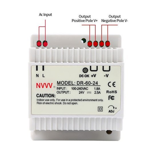 DR 30W 45W 60W Din Rail Switching Power Supply Features. The output voltage regulator can be continuously adjusted from 0V to 10%. Output short circuit, Overcurrent and overvoltage protection: whole machine overheating protection. Intelligent temperature-